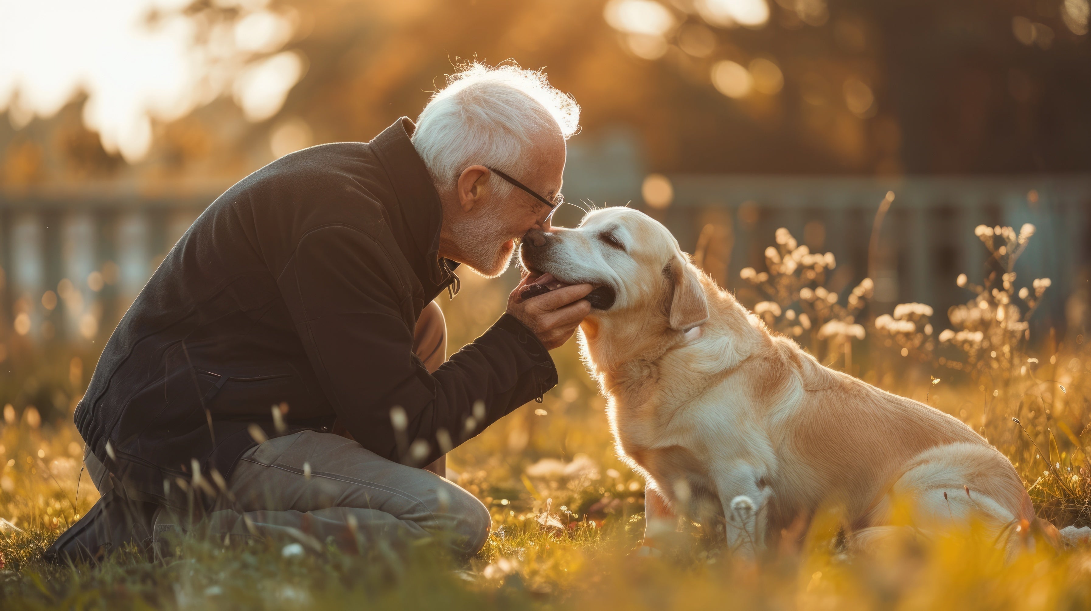 An older man with his golden retriever sitting in a field during a golden sunset